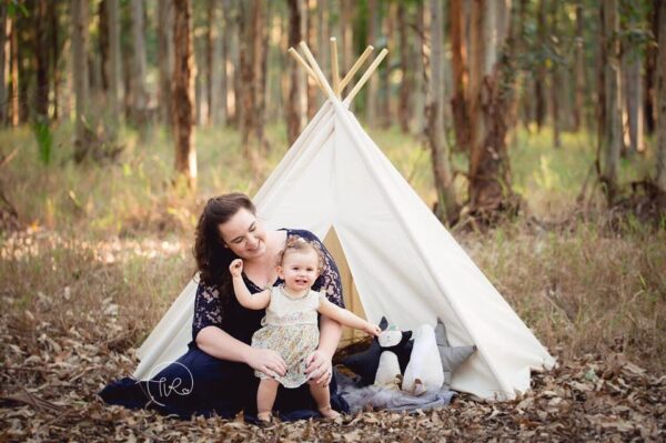 mom baby forest photoshoot white teepee play tent