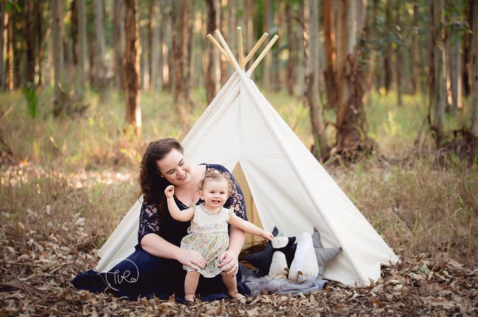 mom baby forest photoshoot white teepee play tent
